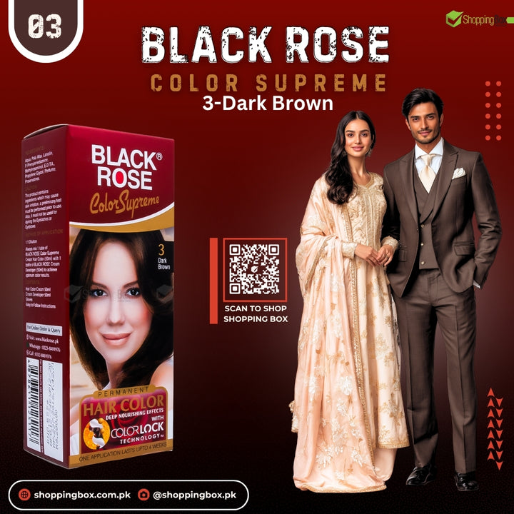 Black Rose Color Supreme hair color product with a man and woman model on a red background