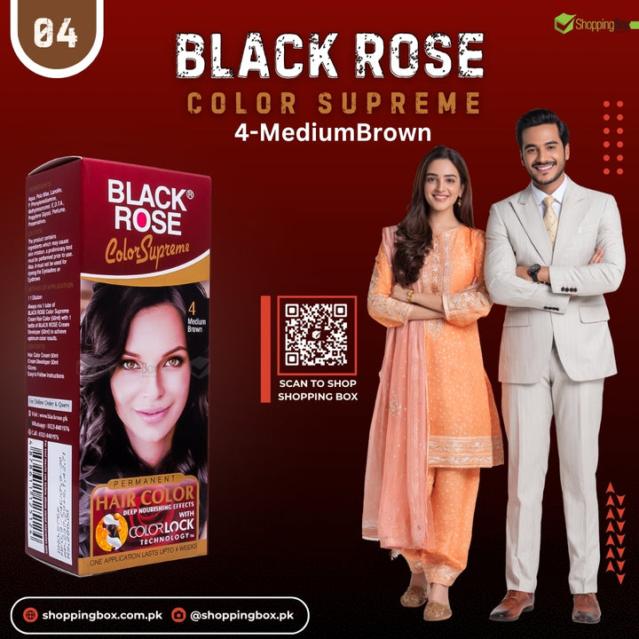 Black Rose Color Supreme 04 Medium Brown – herbal, ammonia-free hair dye for warm brown shine in Pakistan