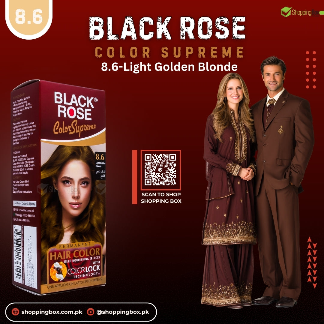Black Rose Color Supreme 8.6 Light Golden Blonde – herbal ammonia-free bright blonde hair dye with golden glow