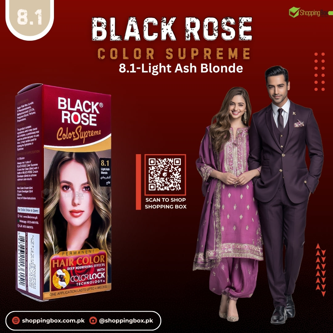 Black Rose Color Supreme 8.1 Light Ash Blonde – herbal ammonia-free hair dye with cool blonde tones and anti-yellow finish