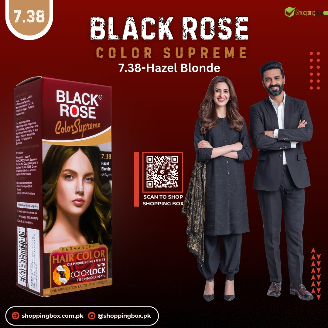 Black Rose Color Supreme 7.38 Hazel Blonde – ammonia-free herbal hair dye with soft golden-hazel shine