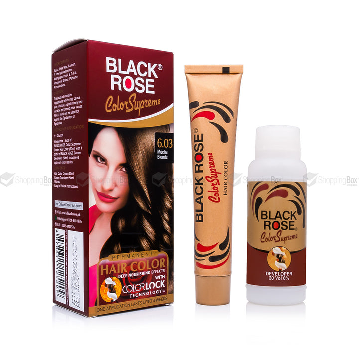 Black Rose Color Supreme 6.03 Mocha Blonde – ammonia-free herbal hair dye with soft mocha-blonde finish