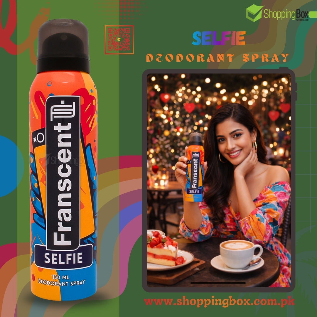 Transcent Selfie deodorant spray bottle with a woman holding it in a festive setting.