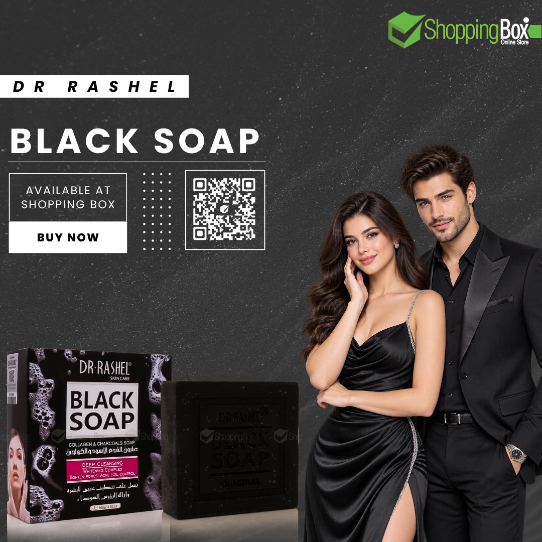 Dr. Rashel Black Soap advertisement featuring a man and a woman in black clothing next to the product packaging and bar of soap on a dark textured background, with shopping box branding and a QR code.