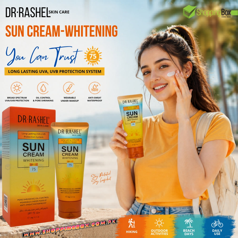 Dr. Rashel sun cream whitening product with a woman applying cream, beach background