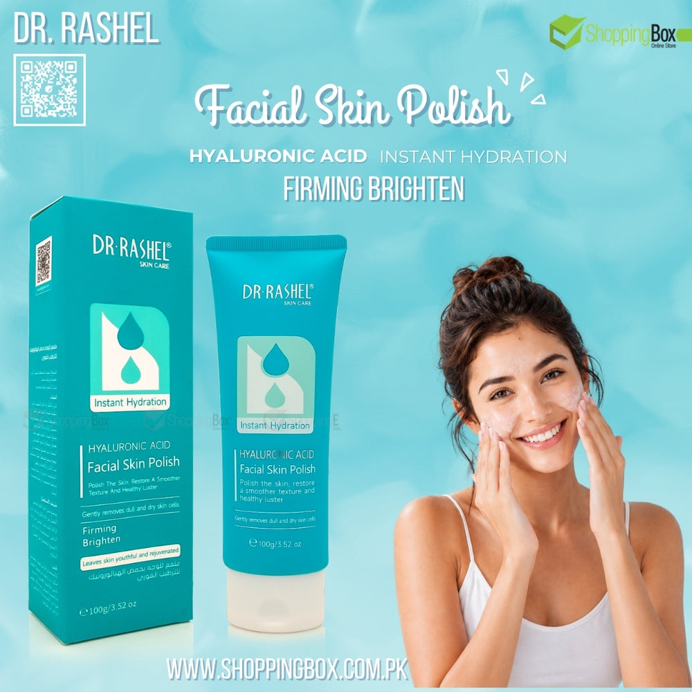 Dr. Rashel Hyaluronic Acid Facial Skin Polish in a teal tube and matching box, shown next to a smiling woman applying cream to her face, on a light blue water-textured background with promotional text.