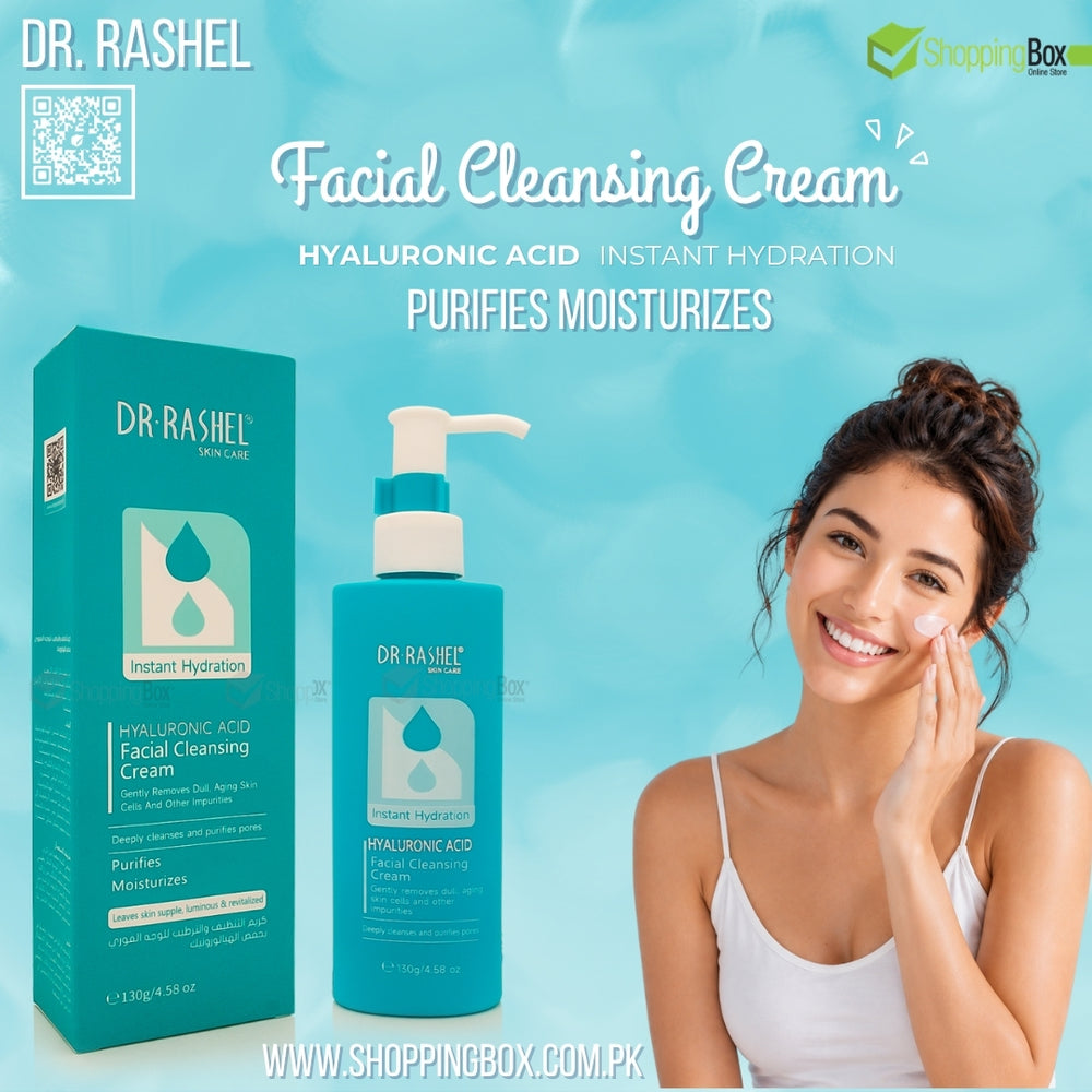Dr. Rashel Hyaluronic Acid Facial Cleansing Cream shown with its teal box and pump bottle next to a smiling woman applying cream to her face, on a light blue water-textured background with promotional text.