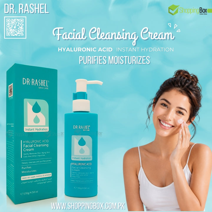 Dr. Rashel Hyaluronic Acid Facial Cleansing Cream shown with its teal box and pump bottle next to a smiling woman applying cream to her face, on a light blue water-textured background with promotional text.