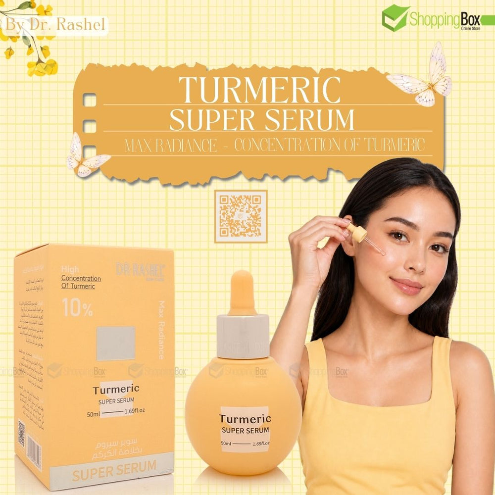 Turmeric Super Serum skincare set featuring a yellow bottle with dropper, its yellow packaging box, and a model applying the serum to her face, set against a yellow grid background with promotional text for Shopping Box.