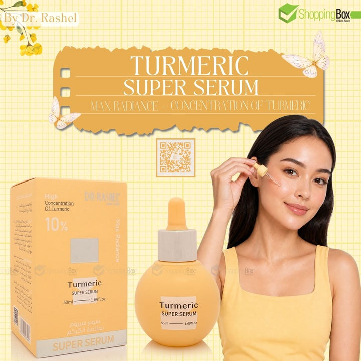 Turmeric Super Serum skincare set featuring a yellow bottle with dropper, its yellow packaging box, and a model applying the serum to her face, set against a yellow grid background with promotional text for Shopping Box.