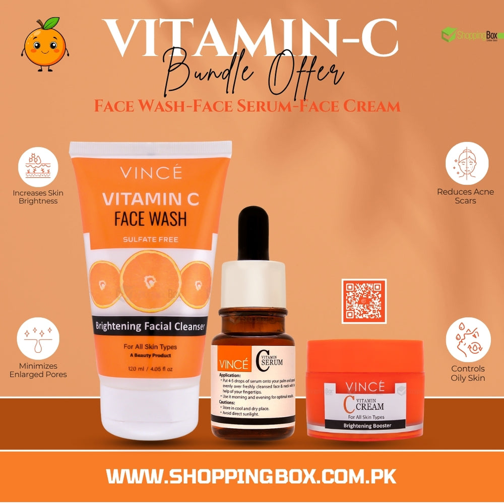 Vincé Vitamin C Skincare Bundle – Face Wash, Serum, and Cream for Brightening and Acne Control at Shopping Box Pakistan