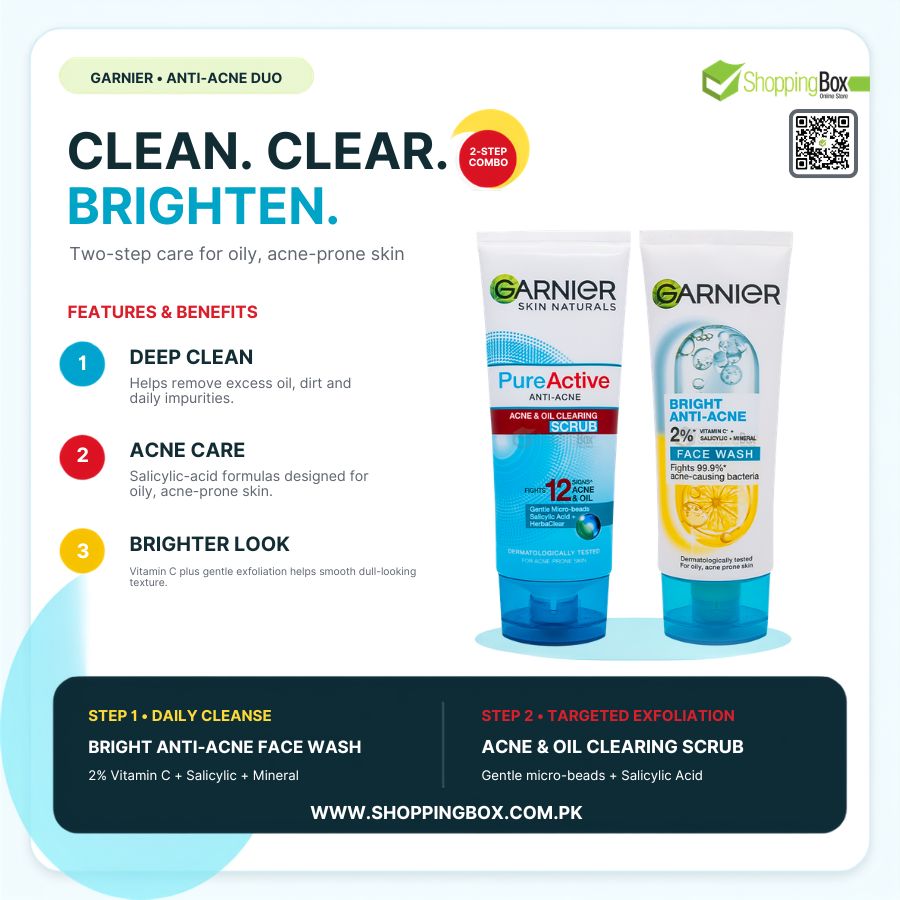 Garnier Anti-Acne Duo skincare set featuring a Bright Anti-Acne Face Wash and an Acne & Oil Clearing Scrub, displayed on a white and dark teal promotional graphic with product details and features.