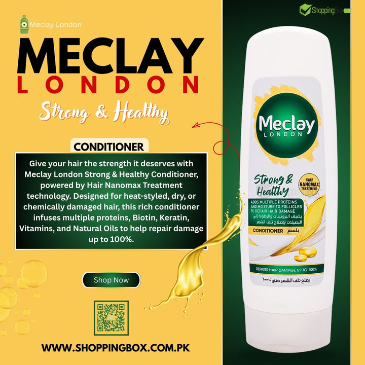 Meclay London Strong & Healthy Conditioner bottle on a yellow and green background with promotional text.