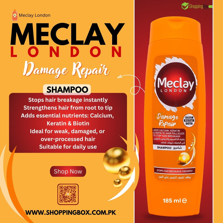 Meclay London Damage Repair Shampoo 185 ml bottle with product details on an orange background for shopping Box Poster