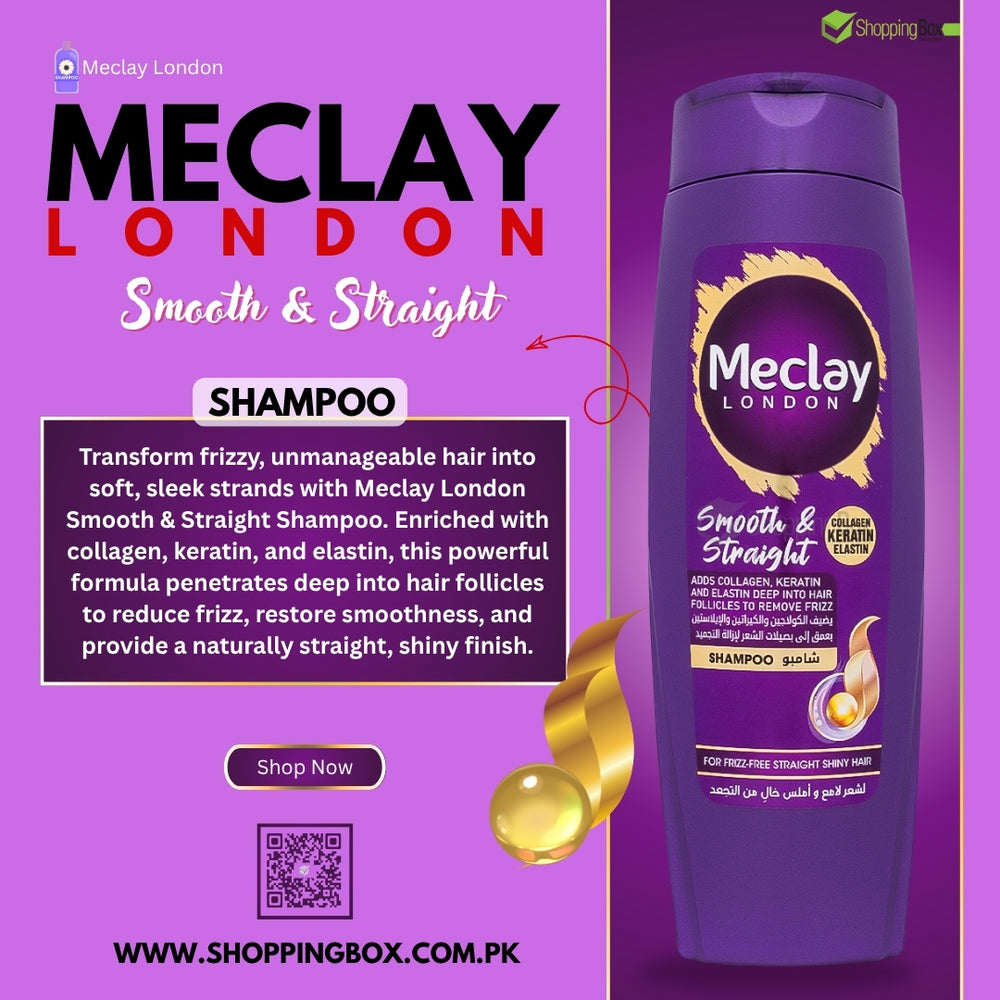 Meclay London Smooth & Straight Shampoo bottle – 185ml anti-frizz shampoo for shiny, smooth hair, enriched with collagen, keratin, and elastin.