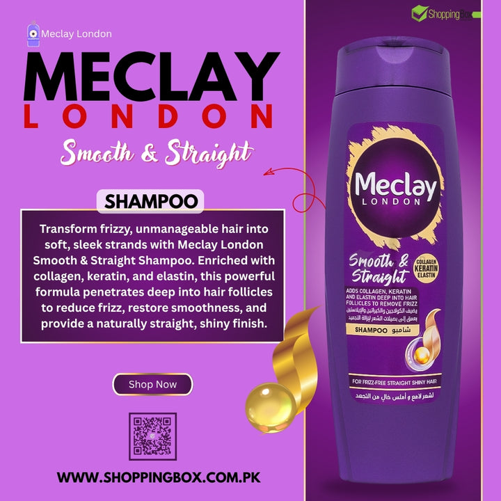 Meclay London Smooth & Straight Shampoo bottle – 185ml anti-frizz shampoo for shiny, smooth hair, enriched with collagen, keratin, and elastin.