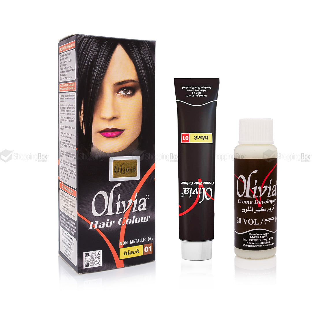 Olivia hair colour packaging with a tube and bottle on a white background