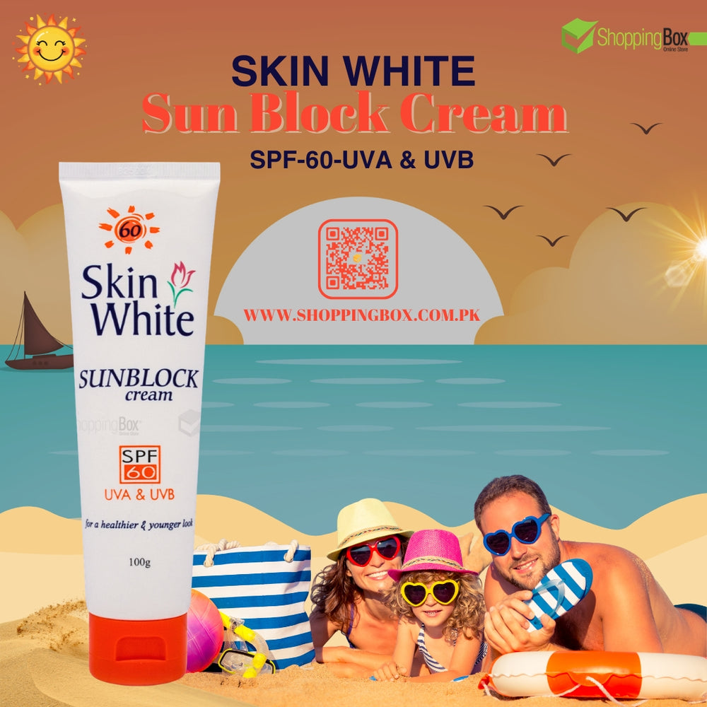 Advertisement for Skin White Sunblock Cream with a family at the beach and a sunblock cream tube.