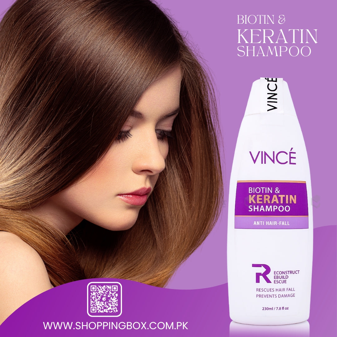 Vince Biotin & Keratin Shampoo bottle with a woman and purple background