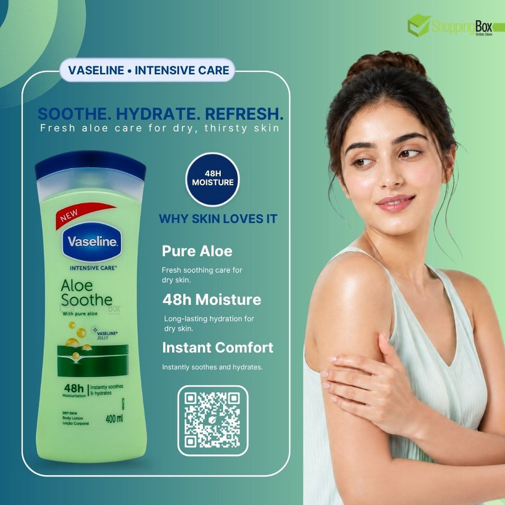 Vaseline Intensive Care Aloe Soothe 48h Moisture moisturizer bottle shown on the left, alongside a woman on the right holding her arm. The background is a soft green gradient with text highlighting key benefits like pure aloe, 48h moisture, and instant comfort. Available at Shopping Box.