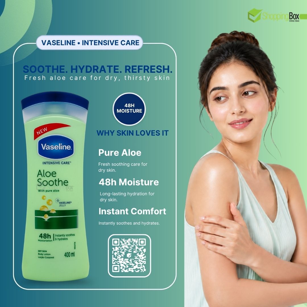 Vaseline Intensive Care Aloe Soothe 48h Moisture moisturizer bottle shown on the left, alongside a woman on the right holding her arm. The background is a soft green gradient with text highlighting key benefits like pure aloe, 48h moisture, and instant comfort. Available at Shopping Box.