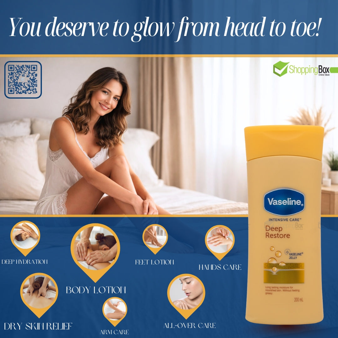 Vaseline Deep Restore lotion with a woman sitting on a bed and product features displayed, Advertising for Shopping Box.