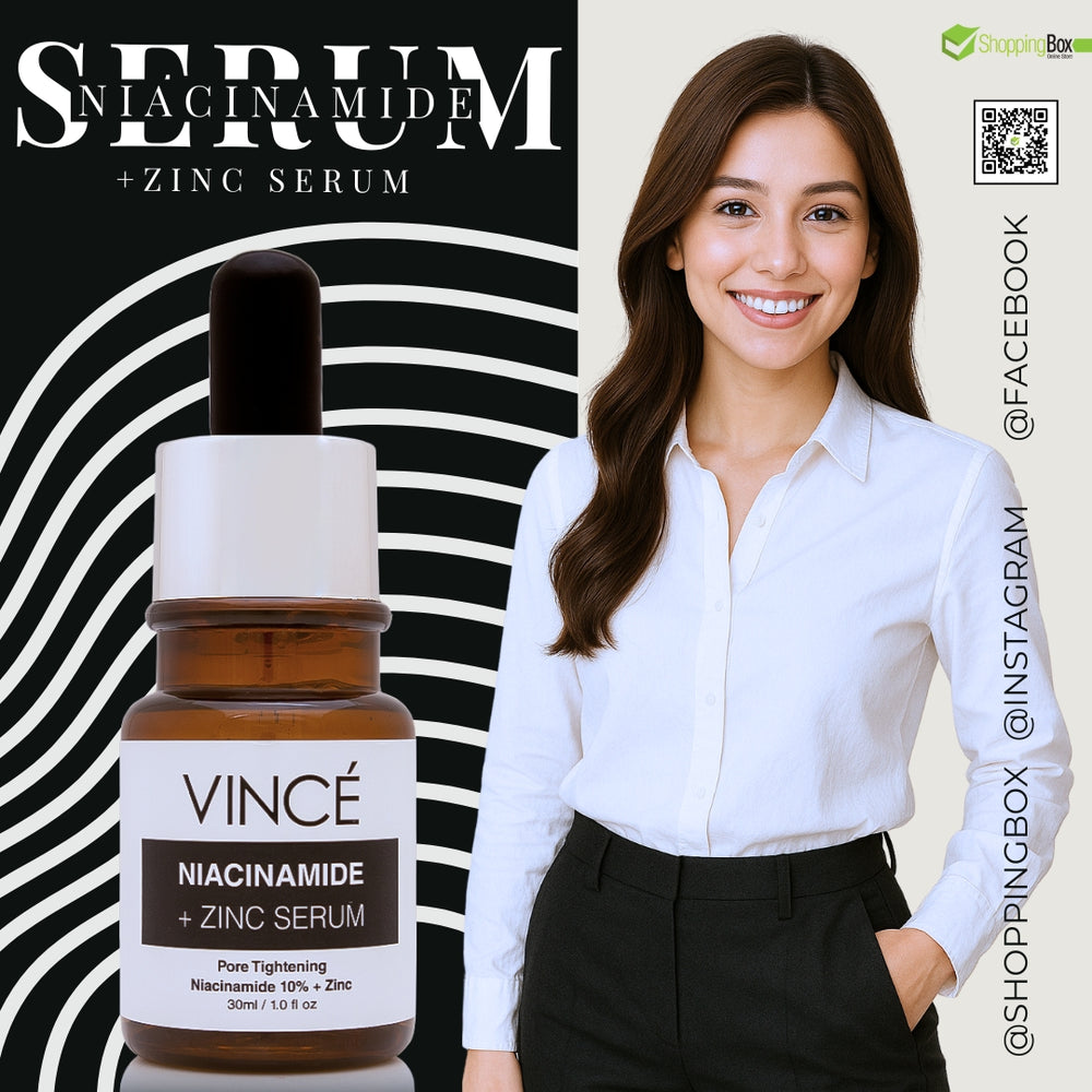 Vince Niacinamide + Zinc Serum with a woman in a white shirt and black pants on a white background QR Code shopping box