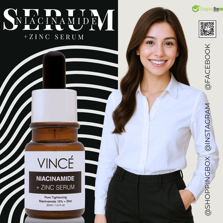 Vince Niacinamide + Zinc Serum with a woman in a white shirt and black pants on a white background QR Code shopping box