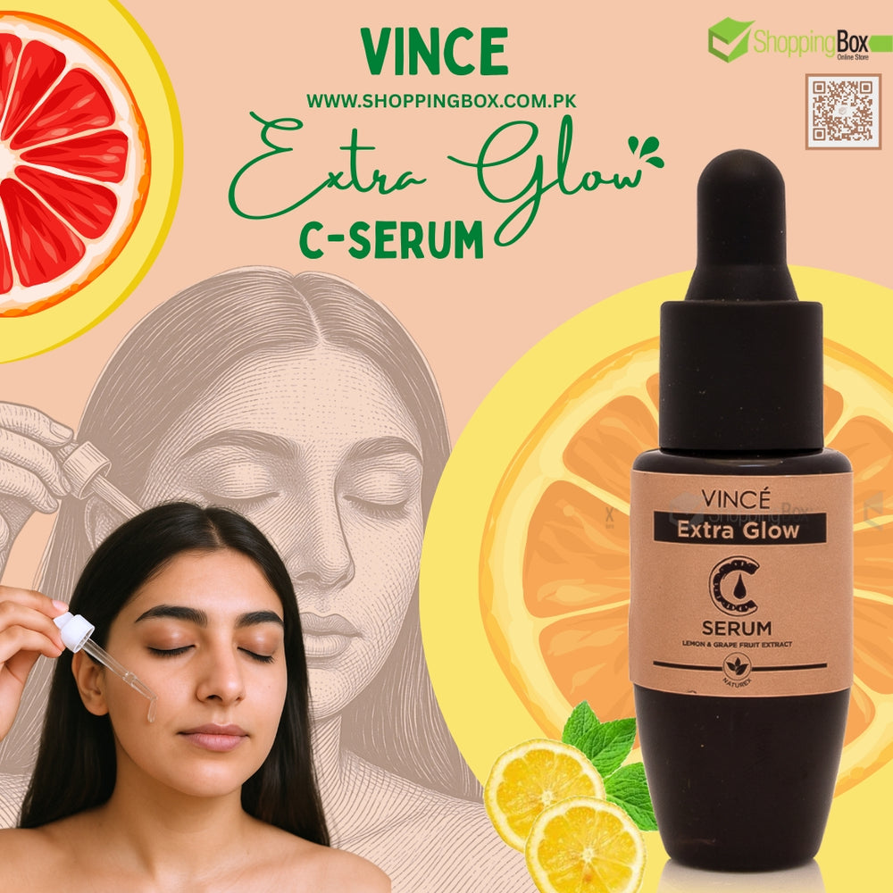 Vince Extra Glow C-Serum with a woman applying it, surrounded by orange slices and a face illustration.