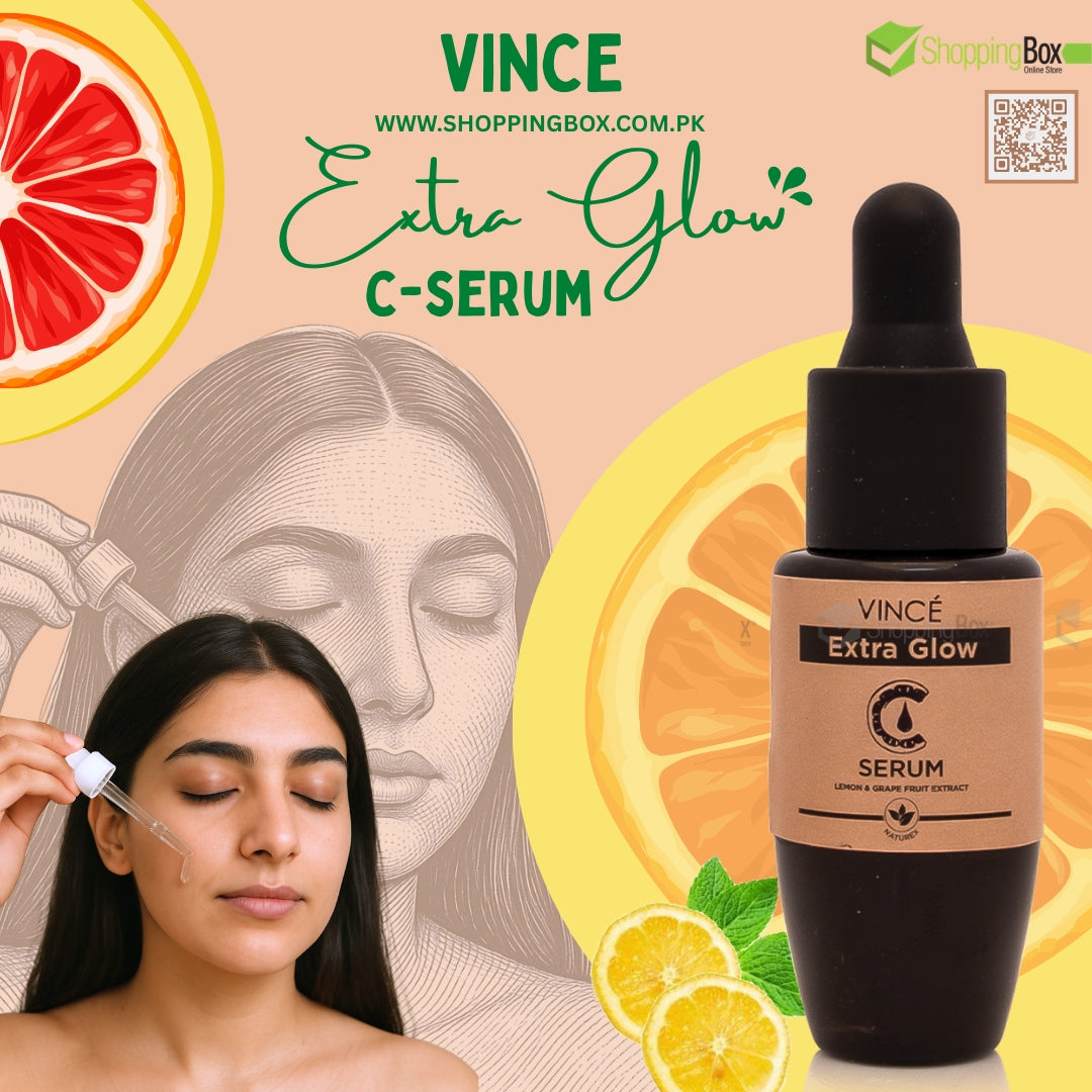 Vince Extra Glow C-Serum with a woman applying it, surrounded by orange slices and a face illustration.