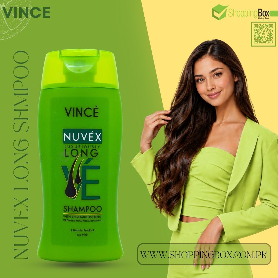 Vince Nuvex Long Shampoo bottle in bright green shown next to a woman with long wavy hair wearing a matching lime green outfit, on a split green and yellow background with Shopping Box branding.