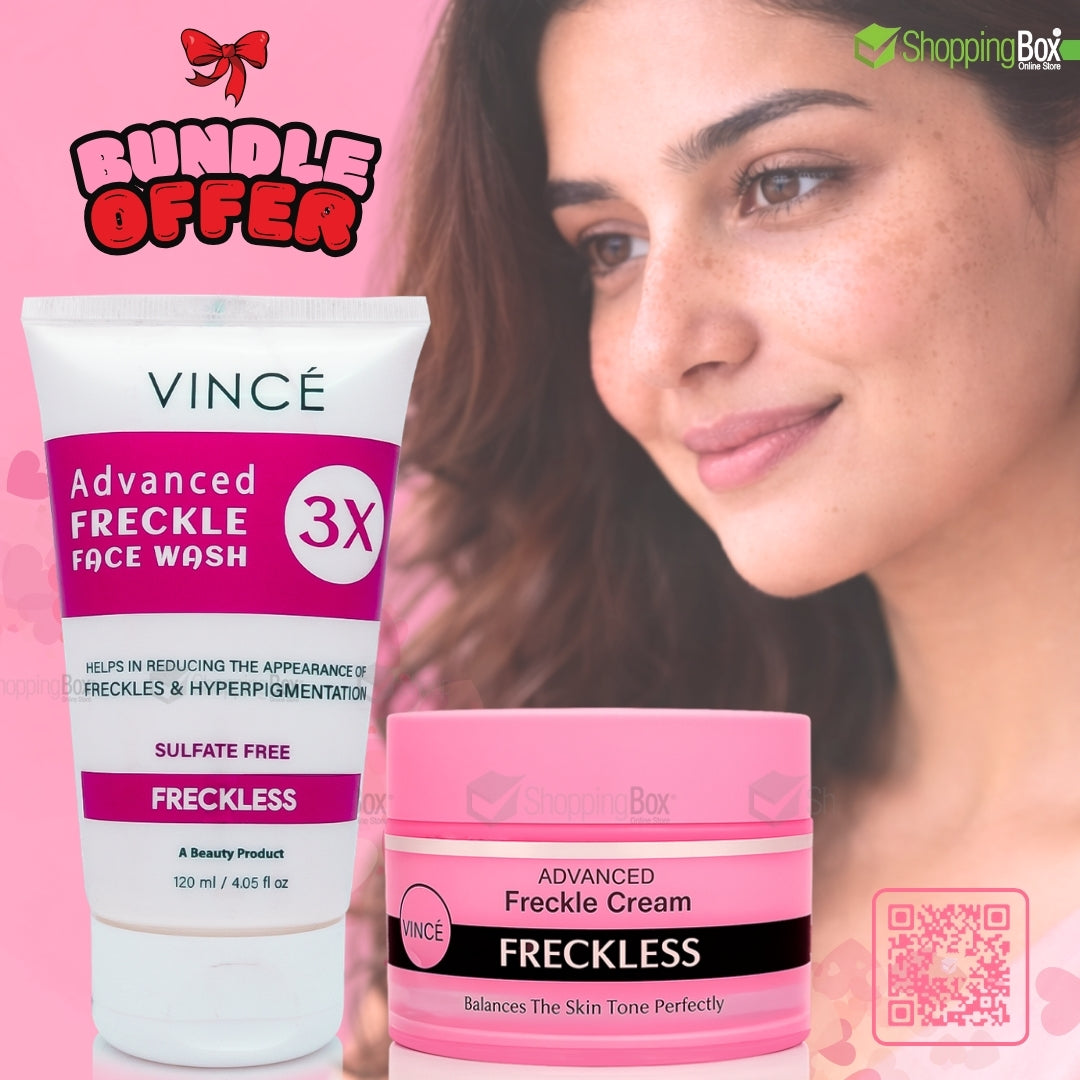 Vince Advanced Freckle Face Wash and Cream with a woman's face on a pink background