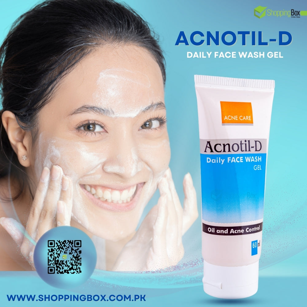 Lifestyle image featuring Acnotil-D Face Wash used by model during cleansing routine.