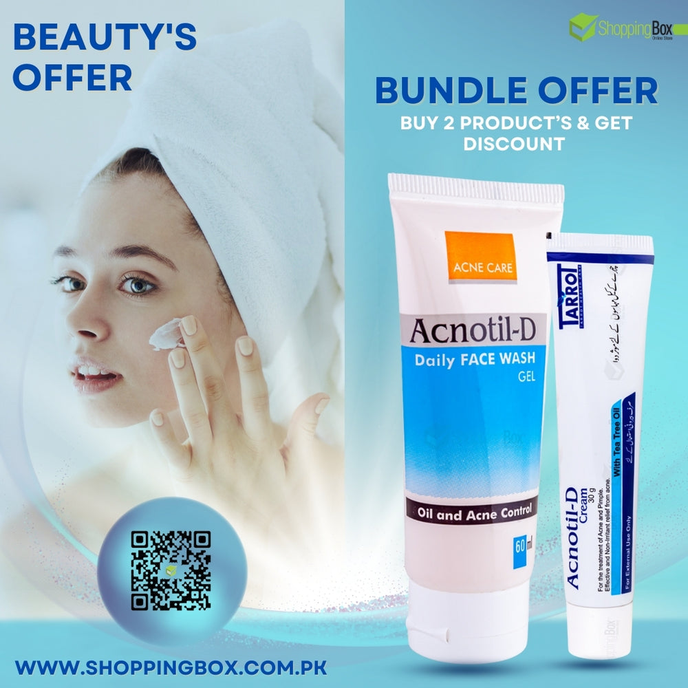 Promotional image with model applying Acnotil-D skincare bundle