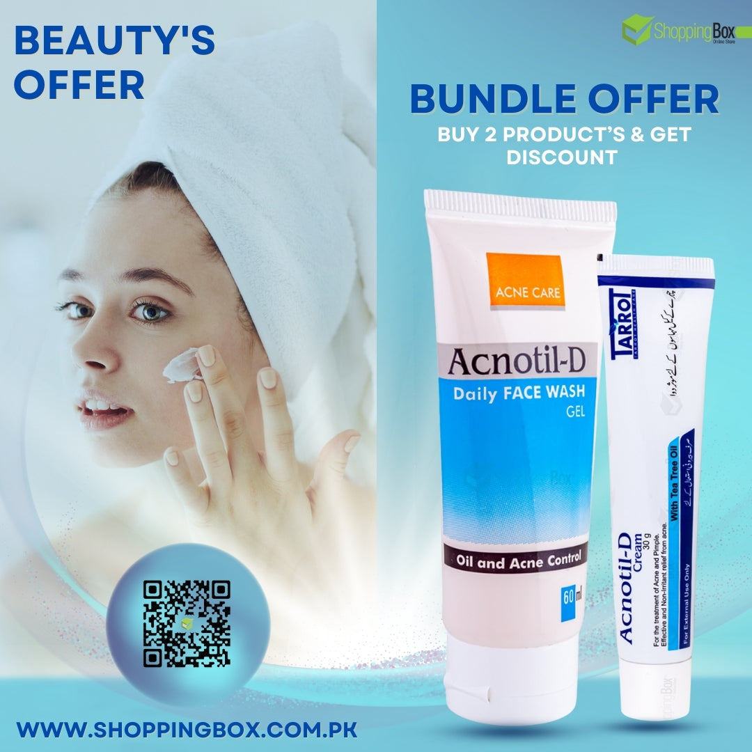 Promotional image with model applying Acnotil-D skincare bundle