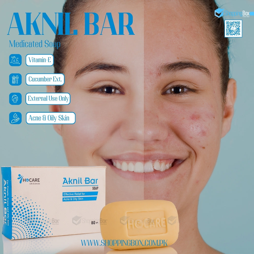 Aknil Bar Soap 80gm back packaging with directions, with model face before and after use.