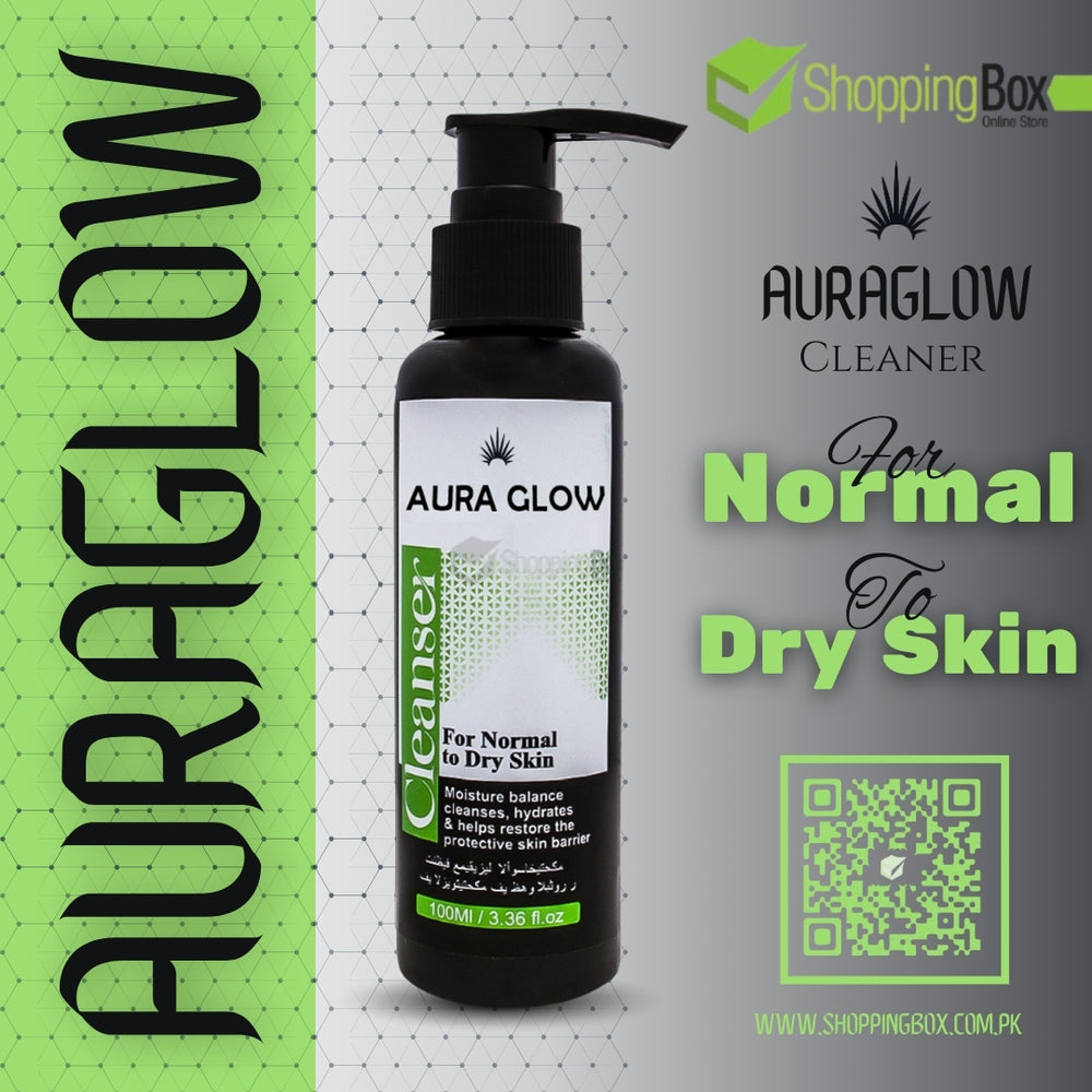 Aura Glow cleanser bottle with branding and product details on a gray background for Shopping Box Advertisement.