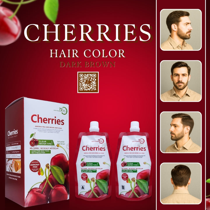 Cherries hair color product packaging with a man's headshots showing hair color transformation on a red background.