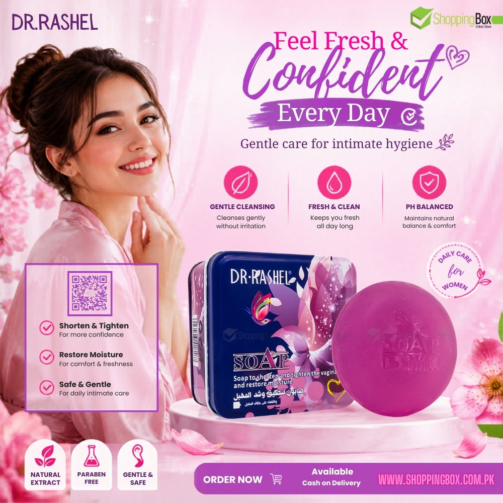 Advertisement for Dr. Rashel intimate hygiene products with a woman and soap on a pink background.