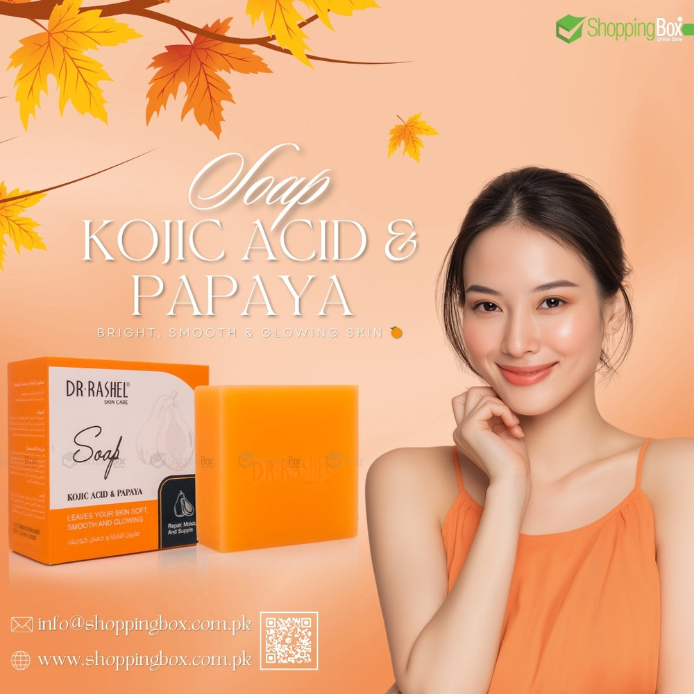 Dr. Rashel Kojic Acid & Papaya Soap with a woman on an orange background