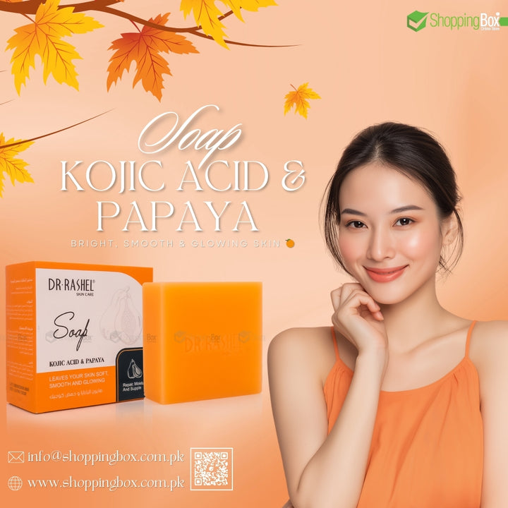 Dr. Rashel Kojic Acid & Papaya Soap with a woman on an orange background