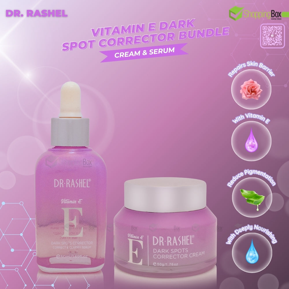 DR. RASHEL Vitamin E Dark Spot Corrector Bundle on a purple background with product images and features.