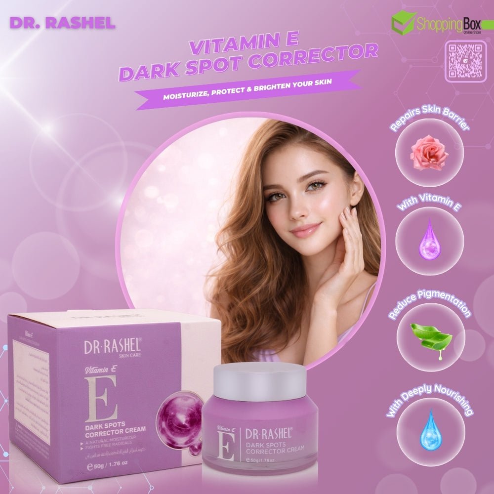 Dr. Rashel Vitamin E Dark Spot Corrector with packaging and a woman's face on a purple background