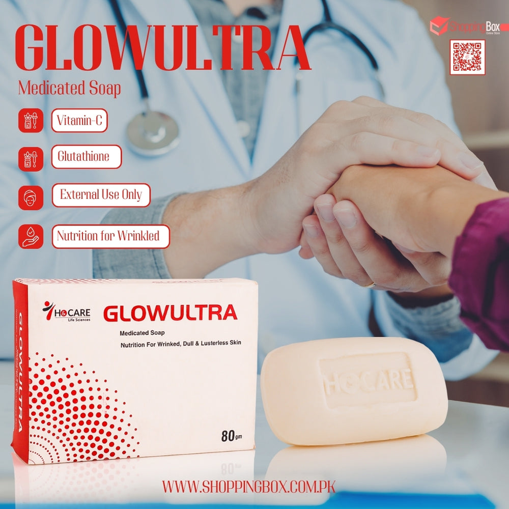 GlowUltra Medicated Soap 80gm back packaging with usage info