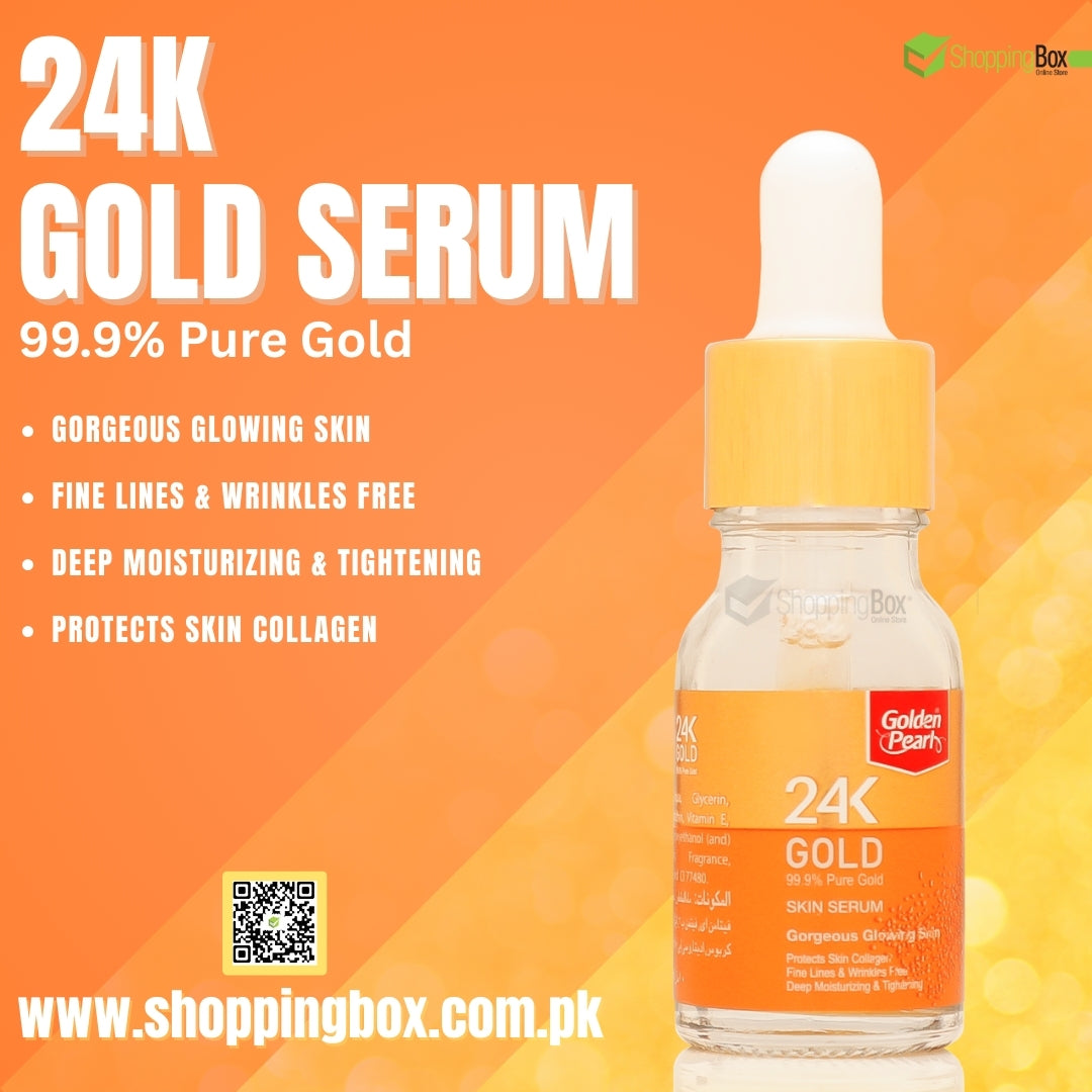 An advertisement for 24K Gold Skin Serum with a dropper bottle, highlighting benefits like glowing skin, fine lines and wrinkles free, deep moisturizing, and collagen protection. The background is orange, and there is a QR code present.