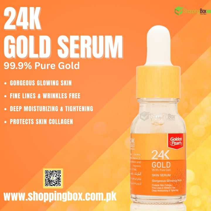 An advertisement for 24K Gold Skin Serum with a dropper bottle, highlighting benefits like glowing skin, fine lines and wrinkles free, deep moisturizing, and collagen protection. The background is orange, and there is a QR code present.