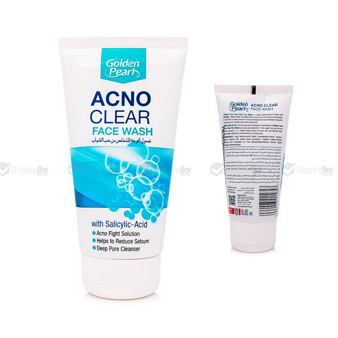 Golden Pearl Acno Clear Face Wash – 75ml Front Back Tube View – Available at Shopping Box