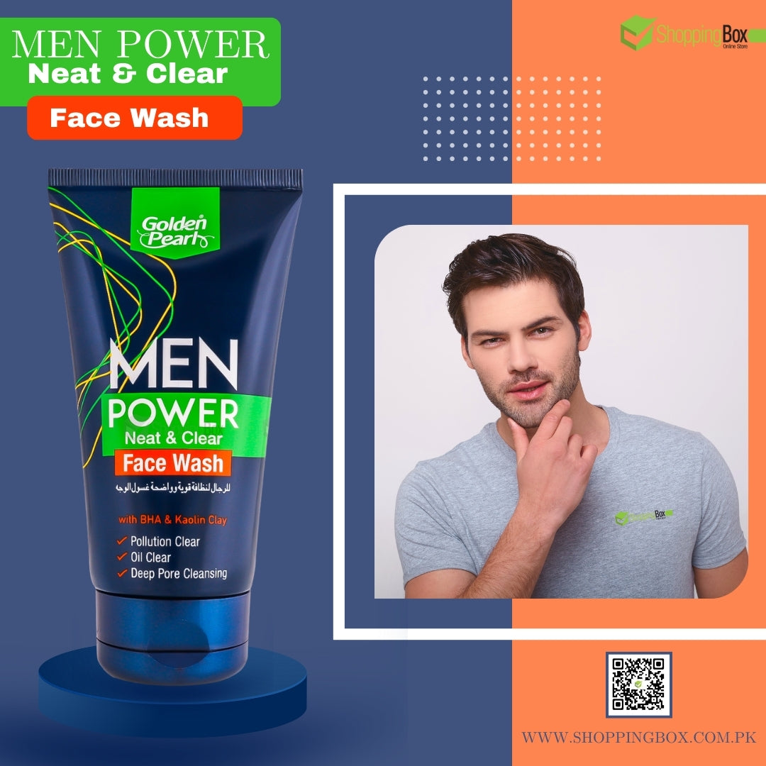 Golden Pearl Men Power Neat & Clear Face Wash 150ml advertising with handsome models 