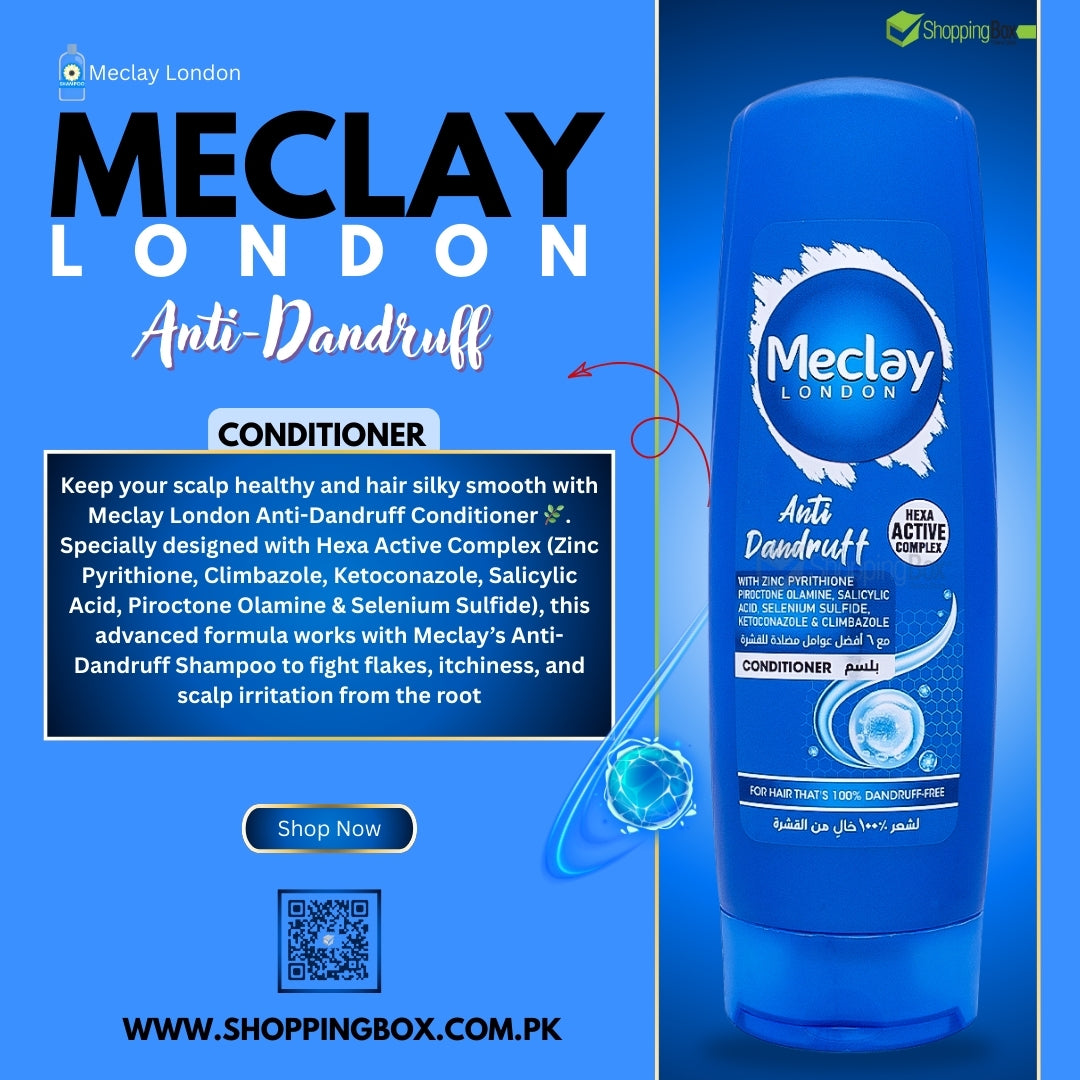 Meclay London Anti-Dandruff Conditioner bottle on a blue background with promotional poster