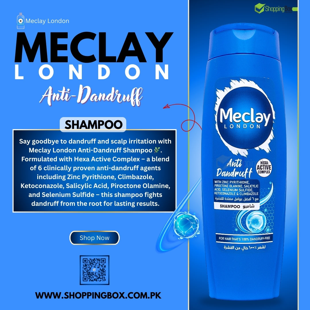 Meclay London Anti-Dandruff Shampoo bottle on a blue background with promotional text poster for Shopping Box